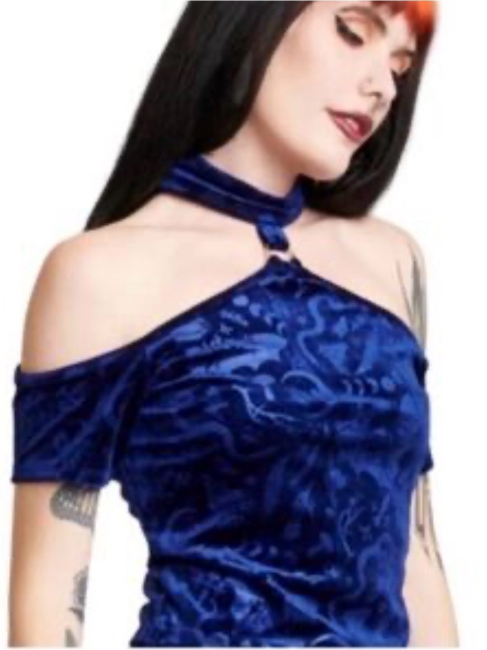Midnight Hour Goth Occult Blue Velvet Cold Shoulder Top Med